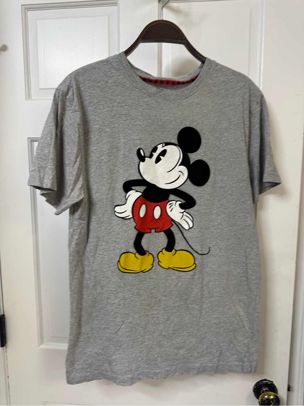 Disney Men's Grey Mickey Mouse Graphic Tee with Red & Yellow Accents